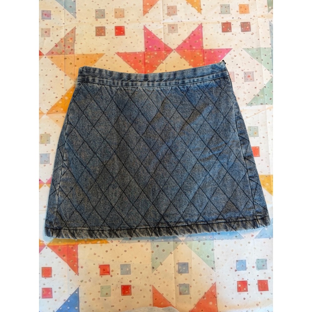 She + Sky Quilted Denim Mini Skirt Blue Diamond Stitched A-Line Size Large